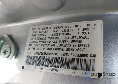 2008 Honda Accord 2.4 Ex-L z USA, uszkodzony, nr VIN 1HGCP26868A075505